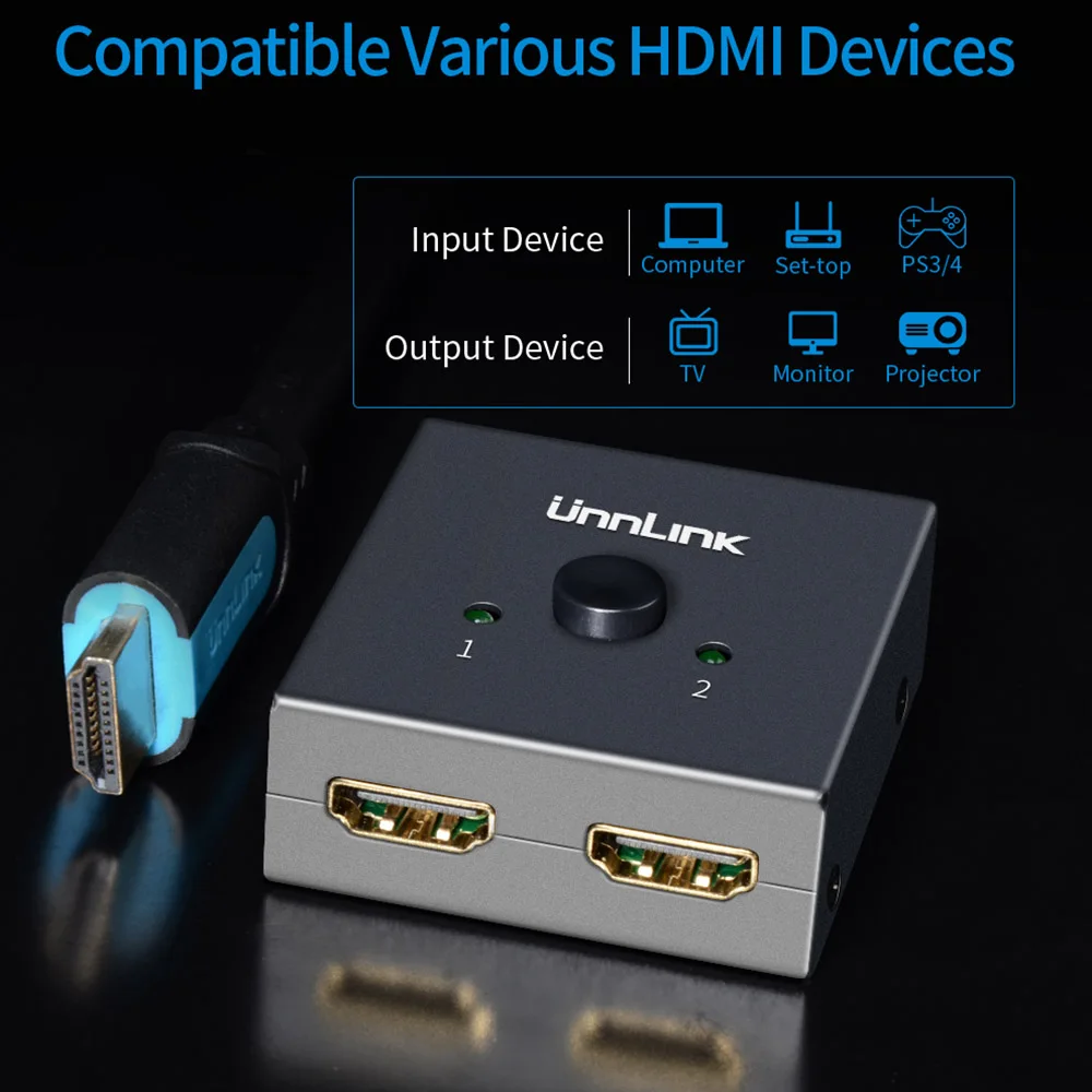 Unnlink HD mi двунаправленный переключатель UHD 4K@ 60Hz YUV4: 2: 2 HDR HDCP2.2 для smart led tv mi box3 компьютерный проектор монитор ps4pro