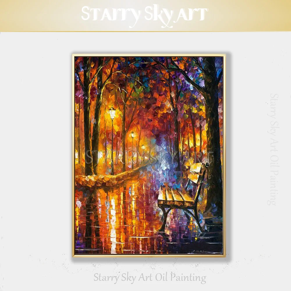 

Rich Colors Abstract Landscape Garden Chair Oil Painting on Canvas Palette Knife Canvas Park Chair and Night Light Oil Painting