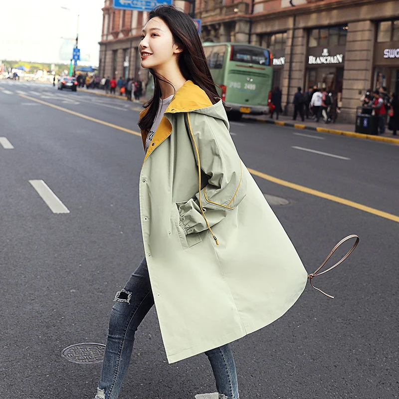 Модный женский тренчкот с капюшоном весна-осень 2019 студенческий Повседневный