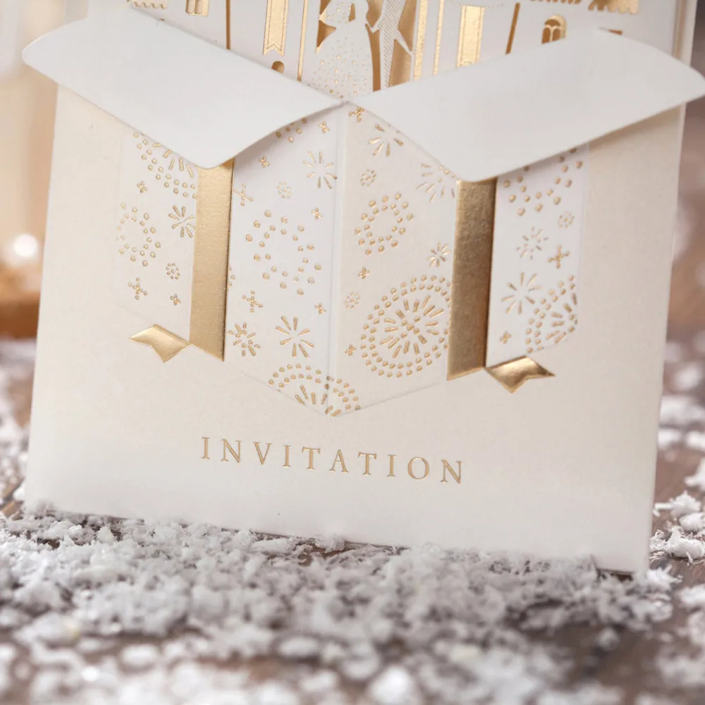 

50pcs Laser Cut 3D Champagne Gold Wedding Invitations Cards with Hollow Creative Castle for Engagement Bridal Shower CW5093