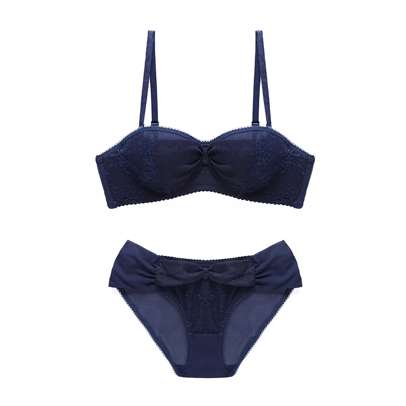 Sexy Lace Mesh 1/2 Cup Bra with Removable Straps Ruffle Bow Design Push-Up Demi Bra and Panties Set Lingerie Underwear Women
