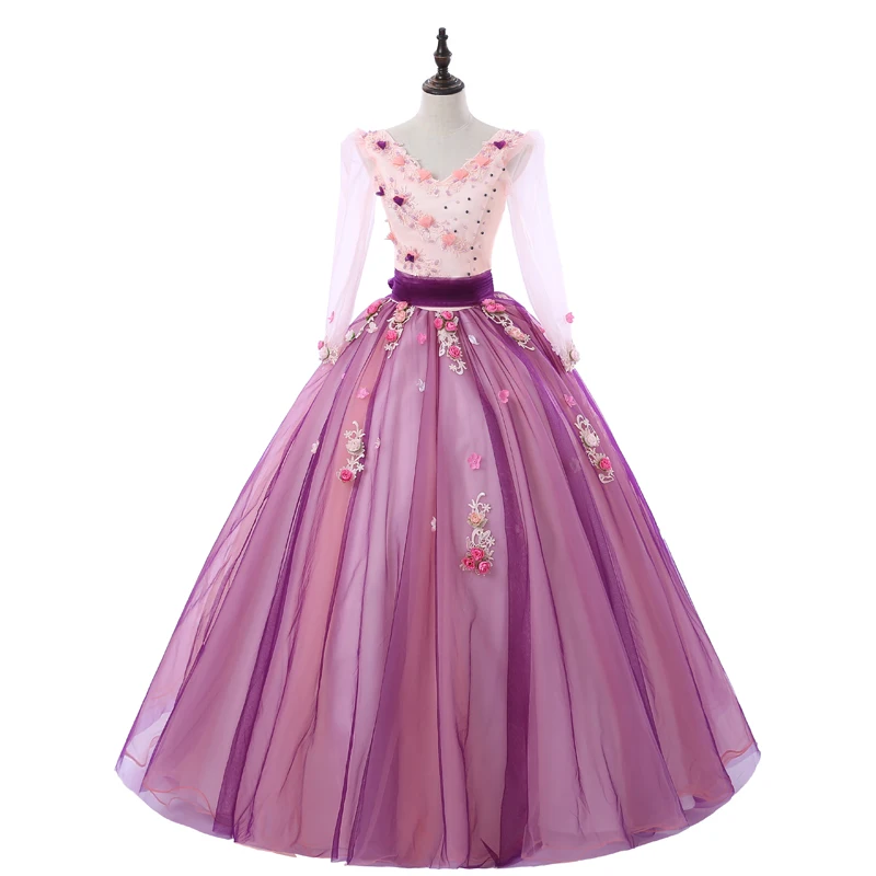Vestido 15 quinceanera Дешевые Длинные рукава Бальные платья фиолетовые Бальные платья с открытой спиной с цветами из бисера милые 16 платья