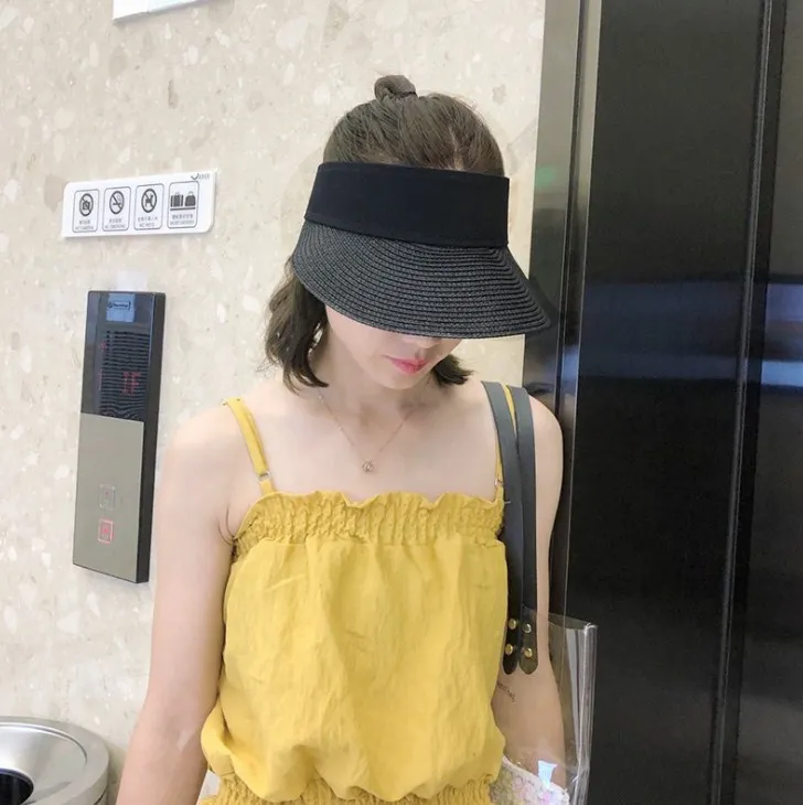 2018 Summer Women Straw Sun Visor Solid Wide Brim Empty Top Hat Unisex Clip on Beach Cap |