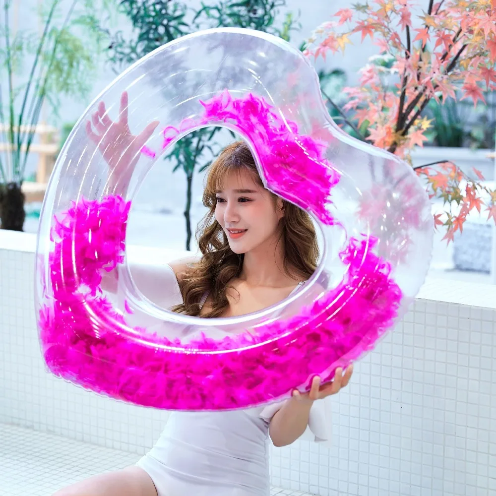 90cm Heart Swimming Ring with Feather Blue Pink Pool Float For Adult Children Air Mattress Water Outdoor Beach Toys Piscina boia | Спорт и