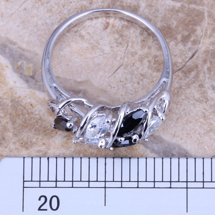 Милый черный кубический цирконий Белый CZ посеребренное модное тонкое кольцо