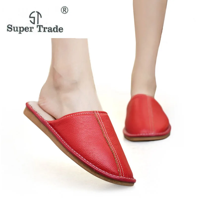 Winter Ladies Warm Non-Slip Slippers Couples Genuine Leather Thick Bottom Flat Shoes Women Home Men's |