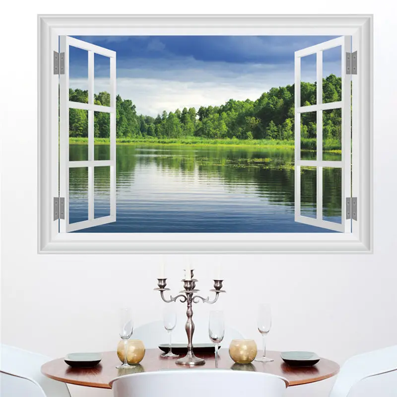 Топ ложный Лес Дерево озеро 3D стикер на стену вид окно пейзаж гостиная спальня