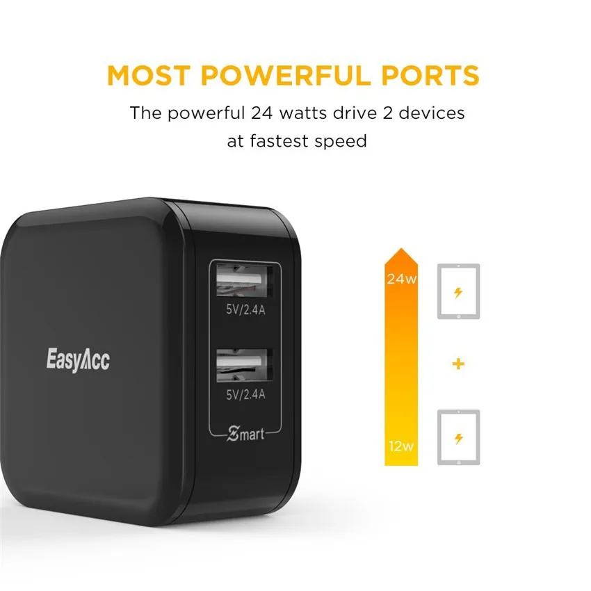 EasyAcc 24 Вт 4.8A 2-Порты и разъёмы переносной usb-адаптер для Зарядное устройство с имеет складную вилку стены Зарядное устройство для iPhone samsung huawei htc черный