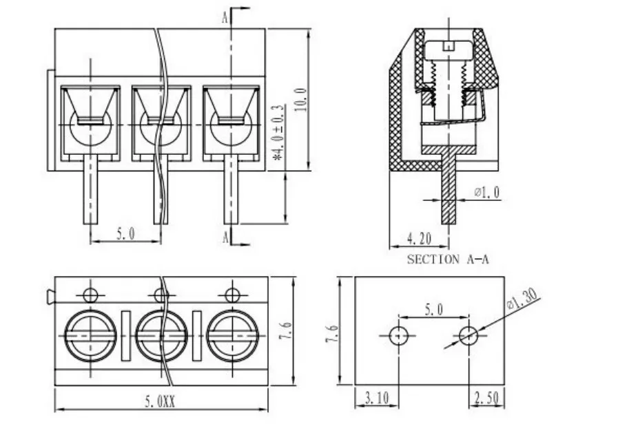 100 шт./лот KF301-3P Сращивание, винтовой Тип PCB расстояние 5,0 соединительные клеммы, терминал синий/зеленый/черный kf301