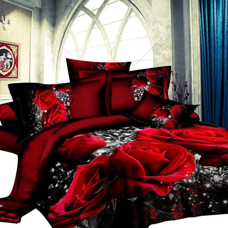 

New Style Red Flower 3D Bedding Set of Duvet Cover Bed Sheet Pillowcase Bed Clothes Comforters Cover Queen