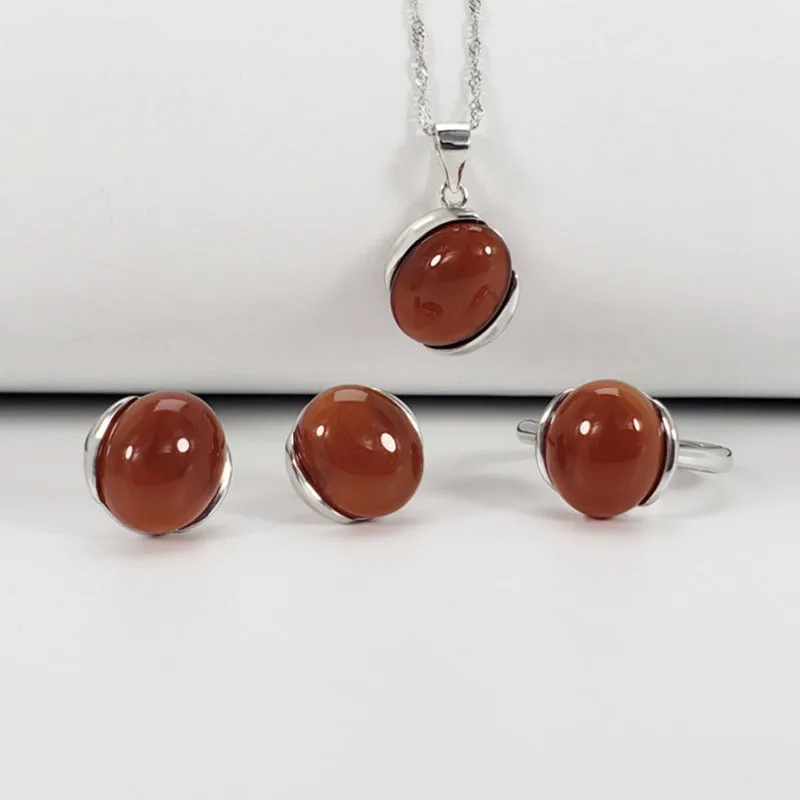Natural Black Mother Of Pearl / Red Onyx Pure Sterling Silver 925 Jewelry Set For Women Elegant Simple Style Bijoux Gift