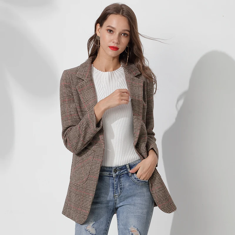

Autumn winter feminino Vintage plaid suit jacket women casual woolen jacket Plaid wool suit Female Suit Plaid Slim Blazer coat