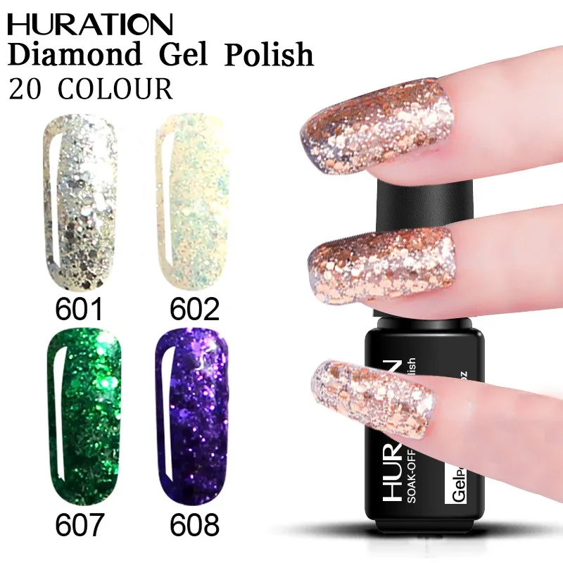 Huration Diamond вспышки ногтей Гель лак 20 Цвет Soak Off гель Гибридный Лаки светодио дный УФ
