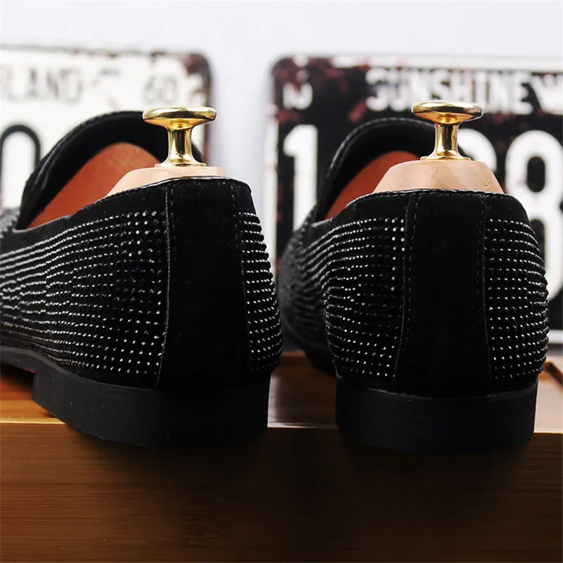 Handmade Black Rhinestone Shoes Luxurious Men Leather Loafers Fashion Party And Wedding Men's Casual Embroidery D50 | Обувь