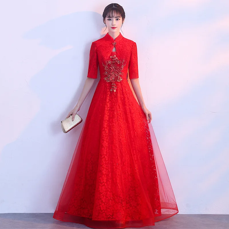 Китайское традиционное платье Qipao длинное платье-Ципао с коротким рукавом