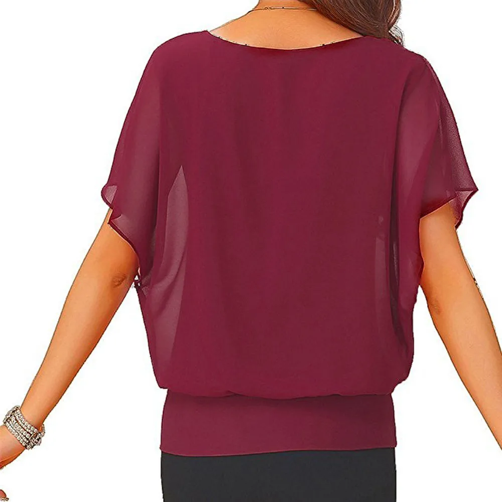 Женская блузка больших размеров, Blusas elegantes de mujer, однотонные повседневные свободные Модные топы из тонкой плотной ткани с круглым вырезом и короткими рукавами «летучая мышь», L* 5