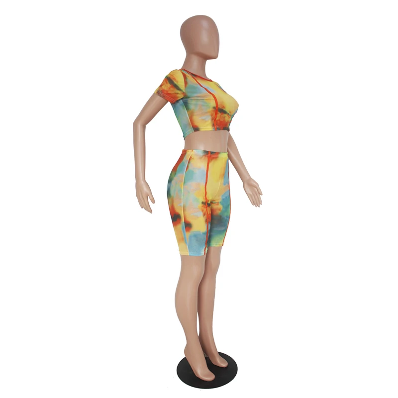 Elegant Great Sexy Mesh See Through Tie Dye 2pcs Set Women 2 Piece Summer Sets Short Sleeve Striped Patchwork | Женская одежда