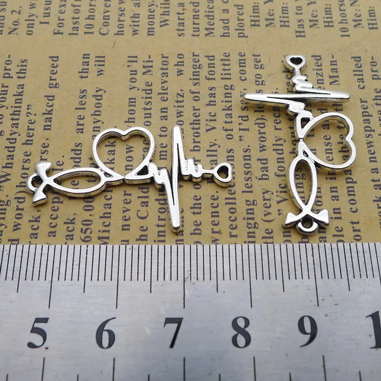 

120pcs Exquisite Love ECG Connector charms pendants 20*34mm Antique silver bag accessories Jewelry earring bracelet necklace