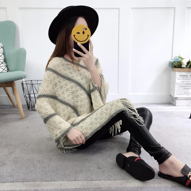 Fashion Female Women's Long Plus Size Tassel Bat sleeve striped Loose Knitted Winter Capes &amp Ponchos Clothes Clothing Outerwear |