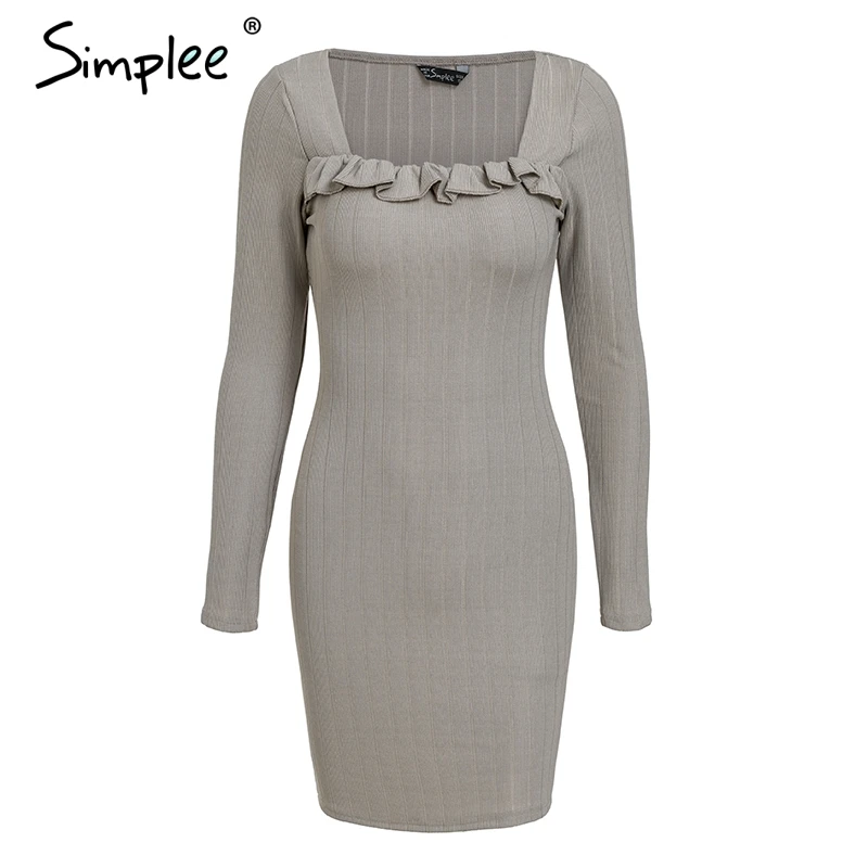 Light Grey Женское трикотажное платье Simplee на осень-зиму, винтажное облегающее пикантное платье-свитер с оборками, с квадратным вырезом, длинным рукавом - Цвет: Light Grey