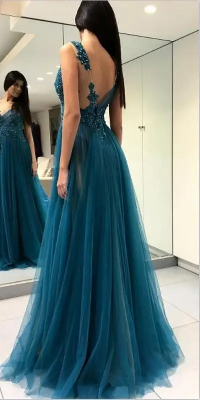 Элегантные темно зеленые длинные тюлевые вечерние платья с аппликацией боковым