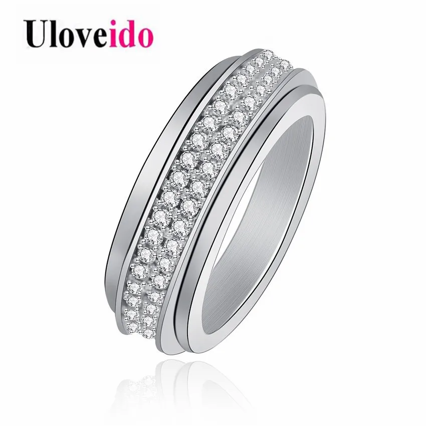 Uloveido 2 ряда кубического циркония широкие обручальные кольца, браслеты для мужчин и женщин Серебряный тон вращающееся кольцо Модные ювелирные изделия Y340