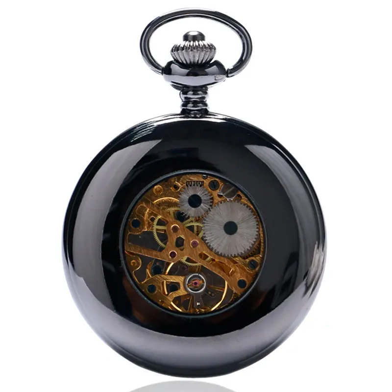 Новинка года стимпанк Черный гладкое отверстие дизайнер Механическая рука Ветер карманные часы мужской Fenmale время