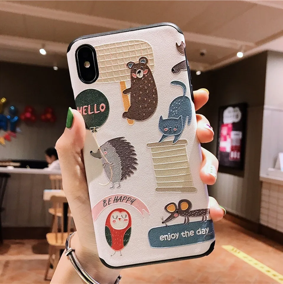 Cute Animal Hard PC Case For iPhone X Cover Shockproof 3D Relief Bumper 6 6s 7 8 Plus XR XS MAX Phone |