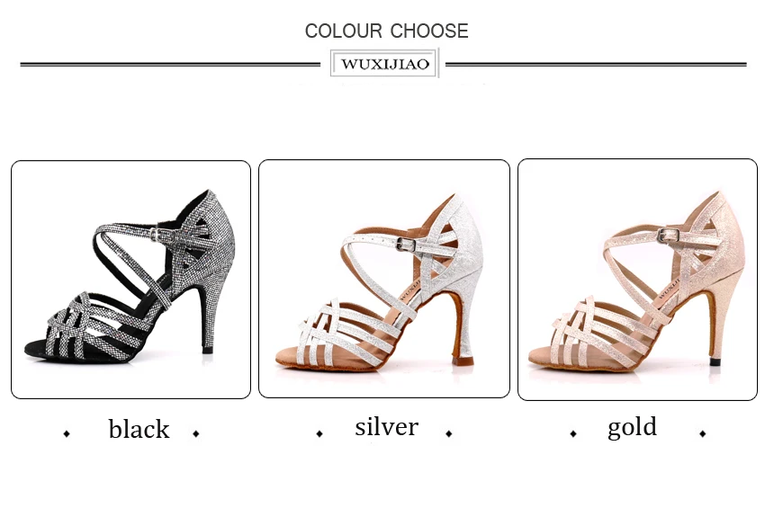 WUXIJIAO Women Party Dance Shoes Satin Shining rhinestones Soft Bottom Latin Dance Shoes Woman Salsa Dance Shoes heel5CM-10CM