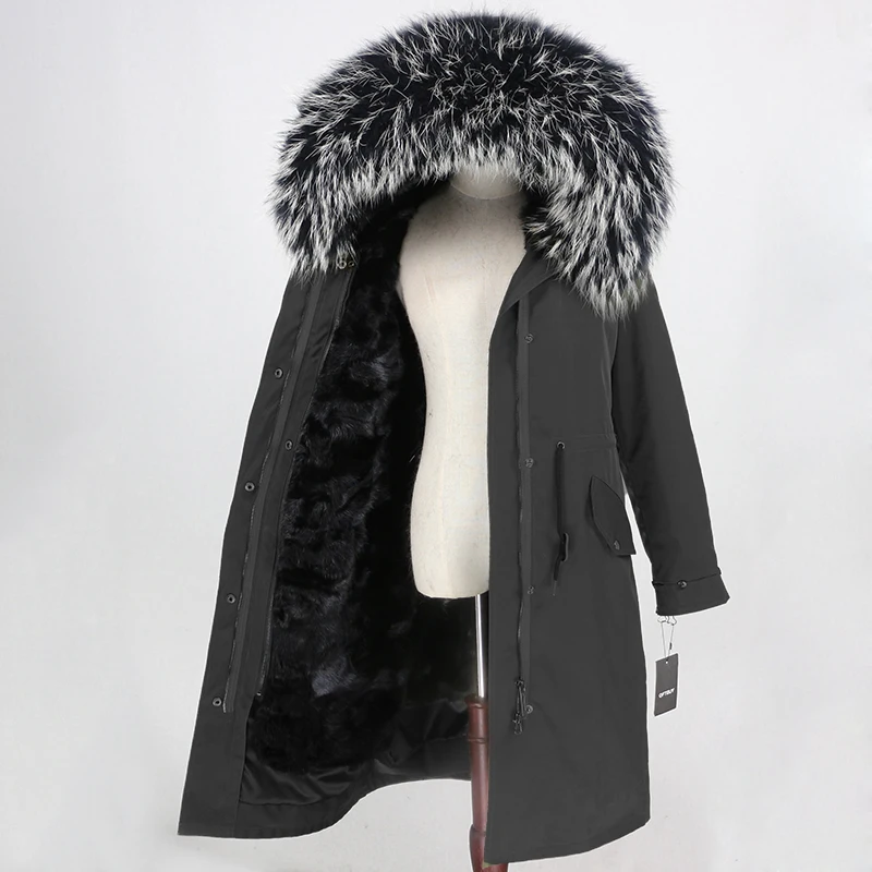OFTBUY X-длинное пальто с натуральным мехом, зимняя куртка, Женская парка с натуральным мехом, подкладка из меха норки, воротник из меха енота и лисы, капюшон, теплая уличная одежда - Цвет: black black W