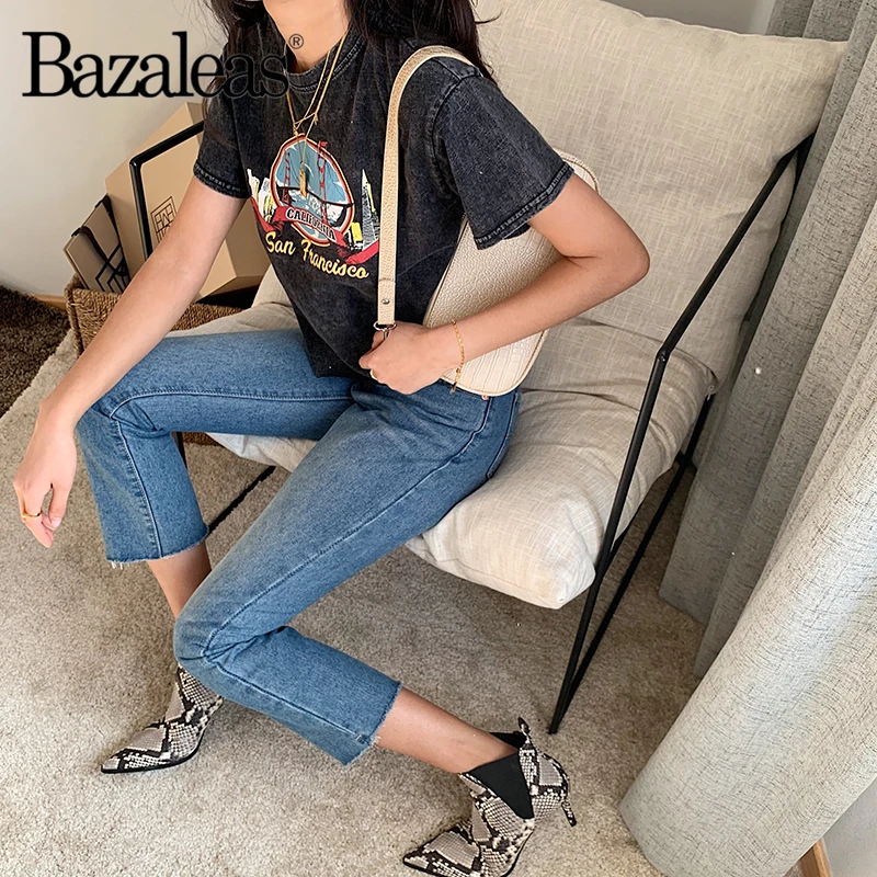 Женская футболка с коротким рукавом Bazaleas однотонная хлопковая Футболка принтом