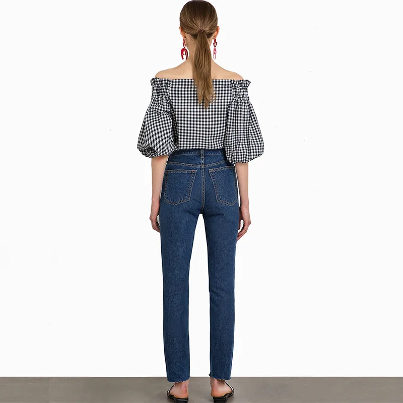 Off Shoulder Ruffle блузка рубашка Женщины Топы Повседневное свободные Puff Половина