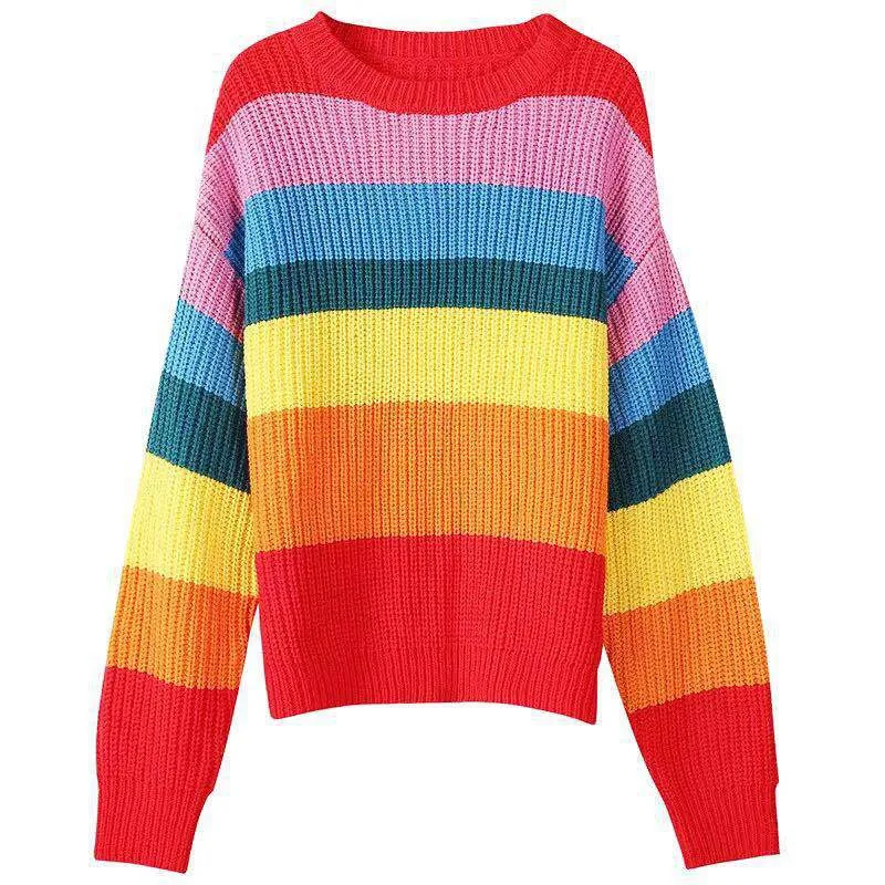 Rainbow Striped Women Sweaters 2018 Autumn New High Street Oversized O-neck Knitwear Knitted Pullovers cws0101-5 | Женская одежда