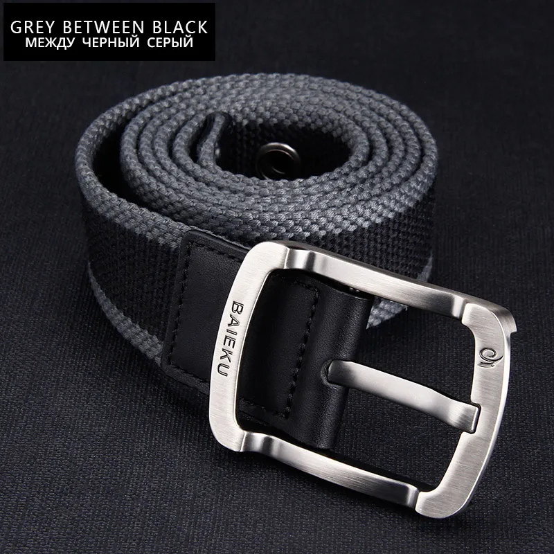 Grey between black BAIEKU Молодежный модный пояс унисекс комфортный ремень Модный Полосатый ремень с пряжкой из парусины мужской ремень - Цвет: Grey between black