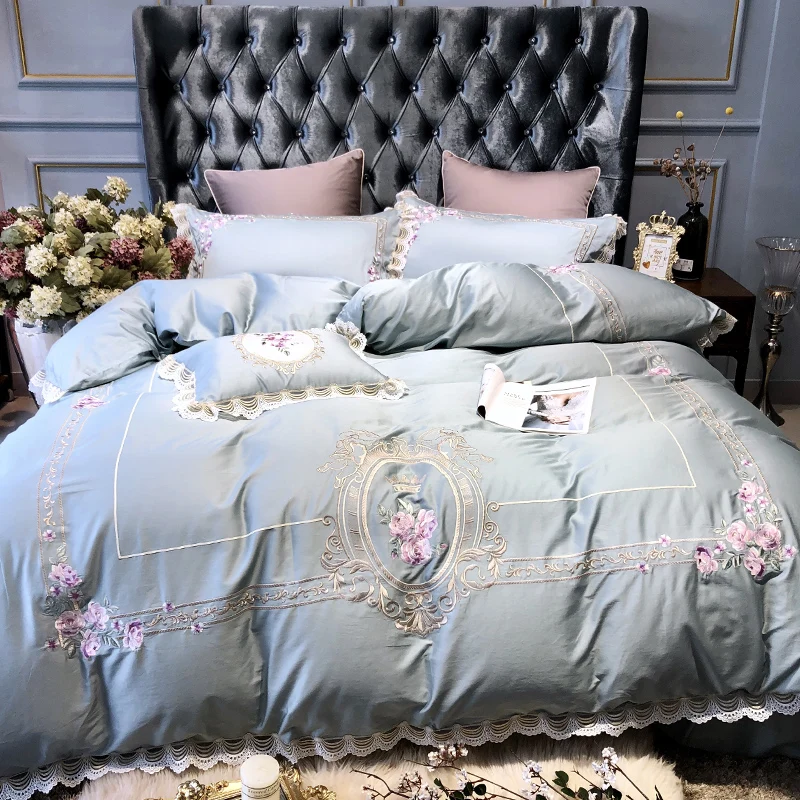 

Luxury Embroidery blue Lace 100S Egyptian cotton Bedding sets Queen King Royal Duvet cover Bed sheet set Pillowcase 4pcs 6pcs