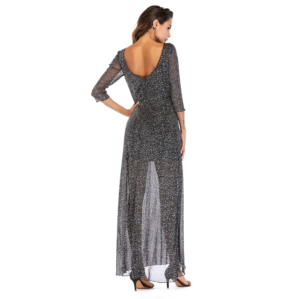 Лидер продаж серебряные блестки украшение длинные серое платье Элегантная