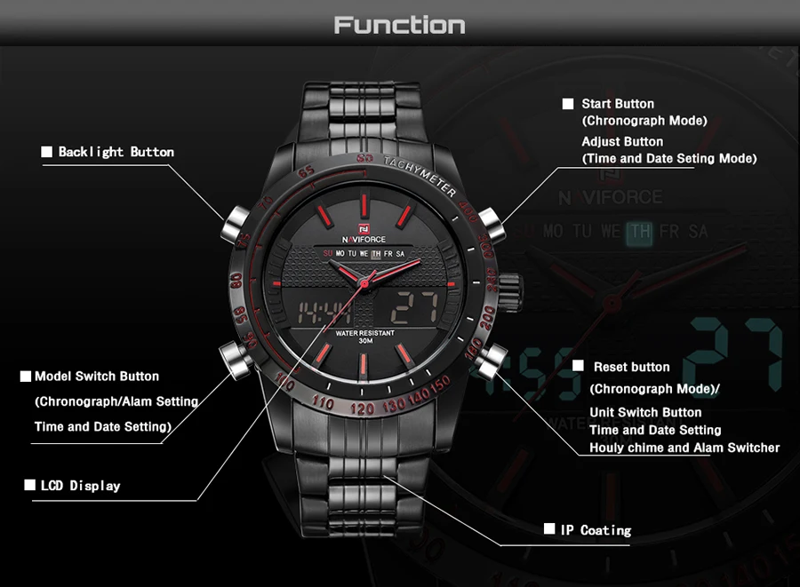 NAVIFORCE Роскошные Брендовые Часы с двойным дисплеем модные мужские часы из нержавеющей стали армейские мужские спортивные наручные часы водонепроницаемые