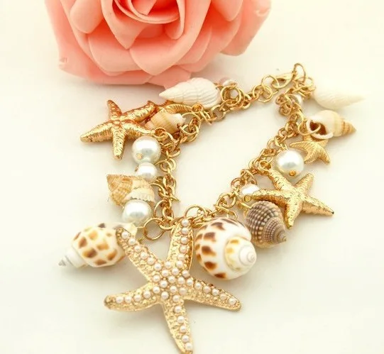 Ocean Style Multi Starfish Sea Star Conch Shell Imitated Pearl Chain Beach Bracelet Bangle Novelty Hot Selling Gift for Girl | Украшения и