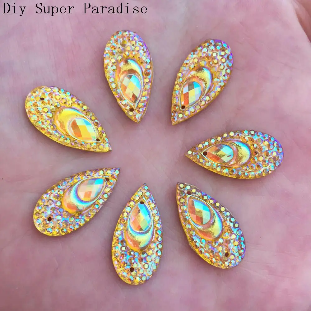 Hot 20pcs 10mm*20mm AB Drop Resin Peacock Eye Flatback Rhinestone Wedding Diy Buttons 2 Hole K83 | Дом и сад