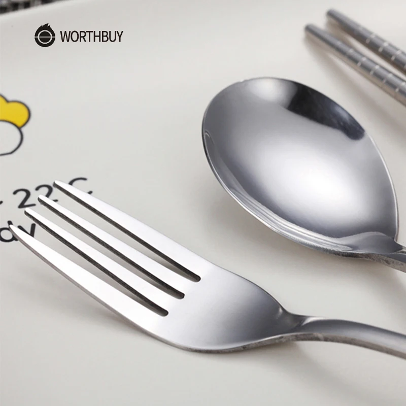 WORTHBUY Portable Dinnerware Set Stainless Steel Cutlery With Wheat Straw Handle Tableware Set For Kids School Dinner Set