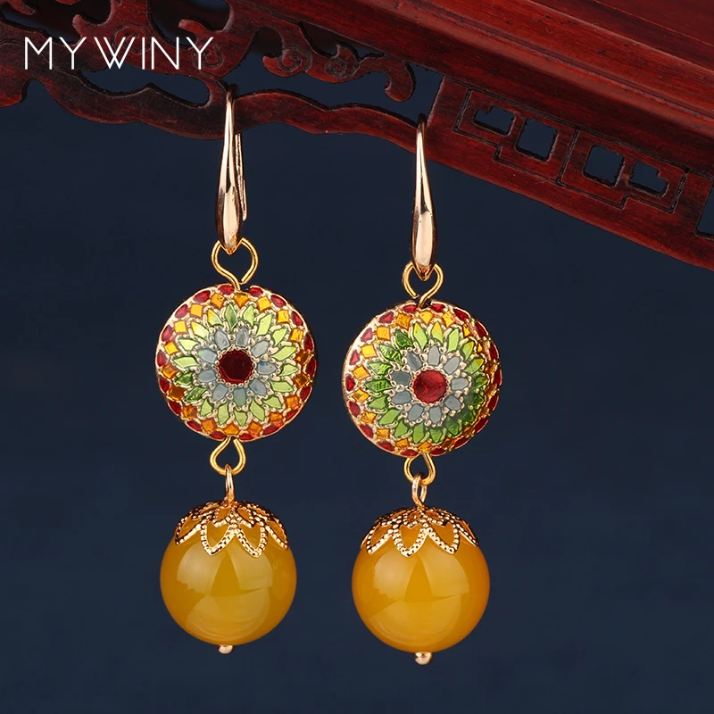 MYWINY, медные ювелирные изделия, 3 цвета, натуральные камни, Висячие этнические блестящие серьги, винтажная мода, перегородчатая бижутерия