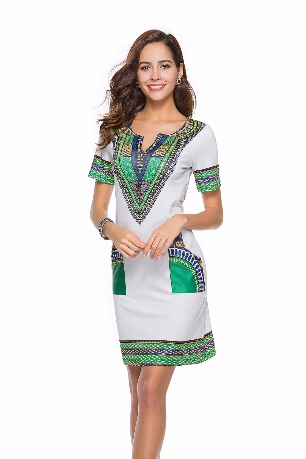 Летние пикантные с v-образным вырезом карман лоскутное облегающее платье-туника