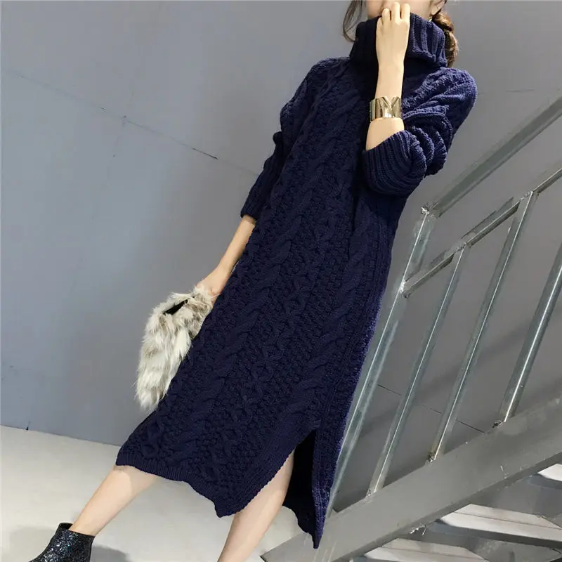 

Korean Knitted Dresses Women Fall Winter Twist Split Long Loose Turtleneck Sweater Dress Casual Pull Femme Hiver Pullovers f389