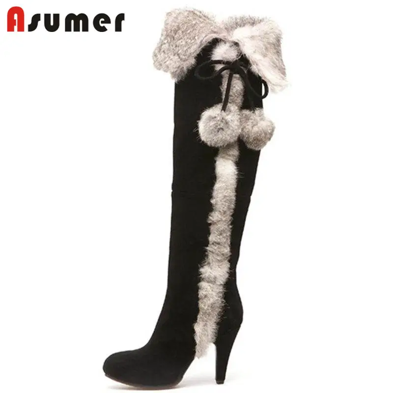 

ASUMER SIZE 34-40 2022 NEW fur winter over the knee boots women cow suede leather thin high heels thigh high boots female shoes