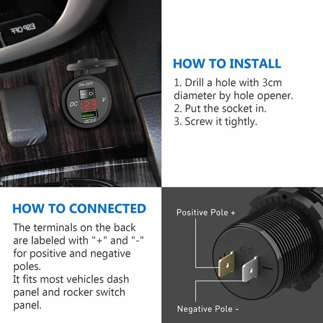 QC 3,0 USB зарядное устройство для мотоцикла, лодки, автомобиля, адаптер, светодиодный вольтметр с переключателем, зарядное устройство, адаптер для мотоцикла, грузовика