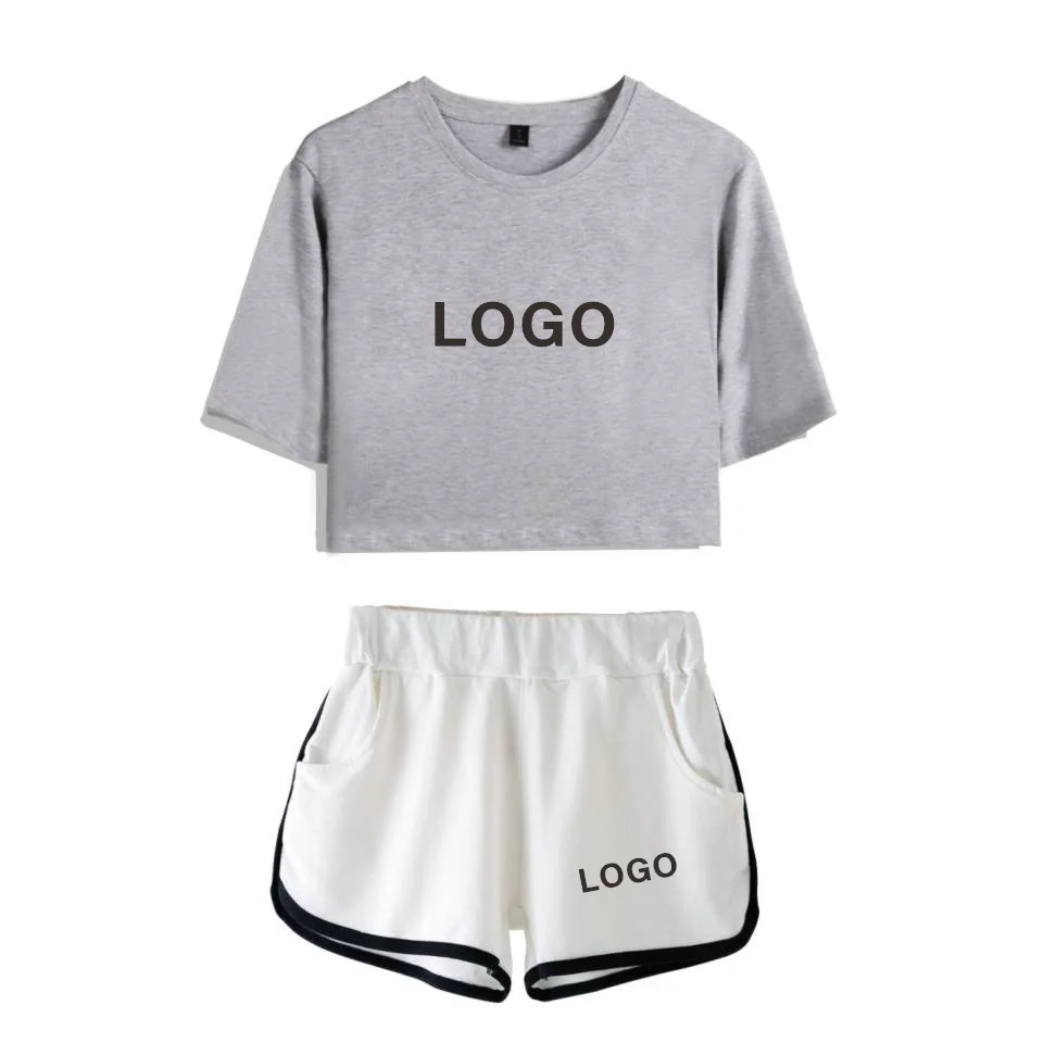 gray 2 Custom Logo Дропшиппинг DIY Пользовательский логотип комплект из двух предметов женский хлопковый укороченный топ и шорты Kpop сексуальный пупок укороченная футболка костюм Лето - Цвет: gray 2 Custom Logo