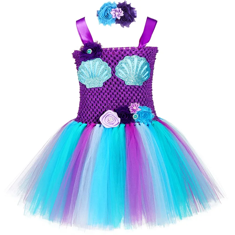 Dress and Headband Юбка-пачка в стиле Русалочки для девочек, платье с повязкой на голову для дня рождения, платье для девочек, костюм принцессы русалки Ариэль - Цвет: Dress and Headband