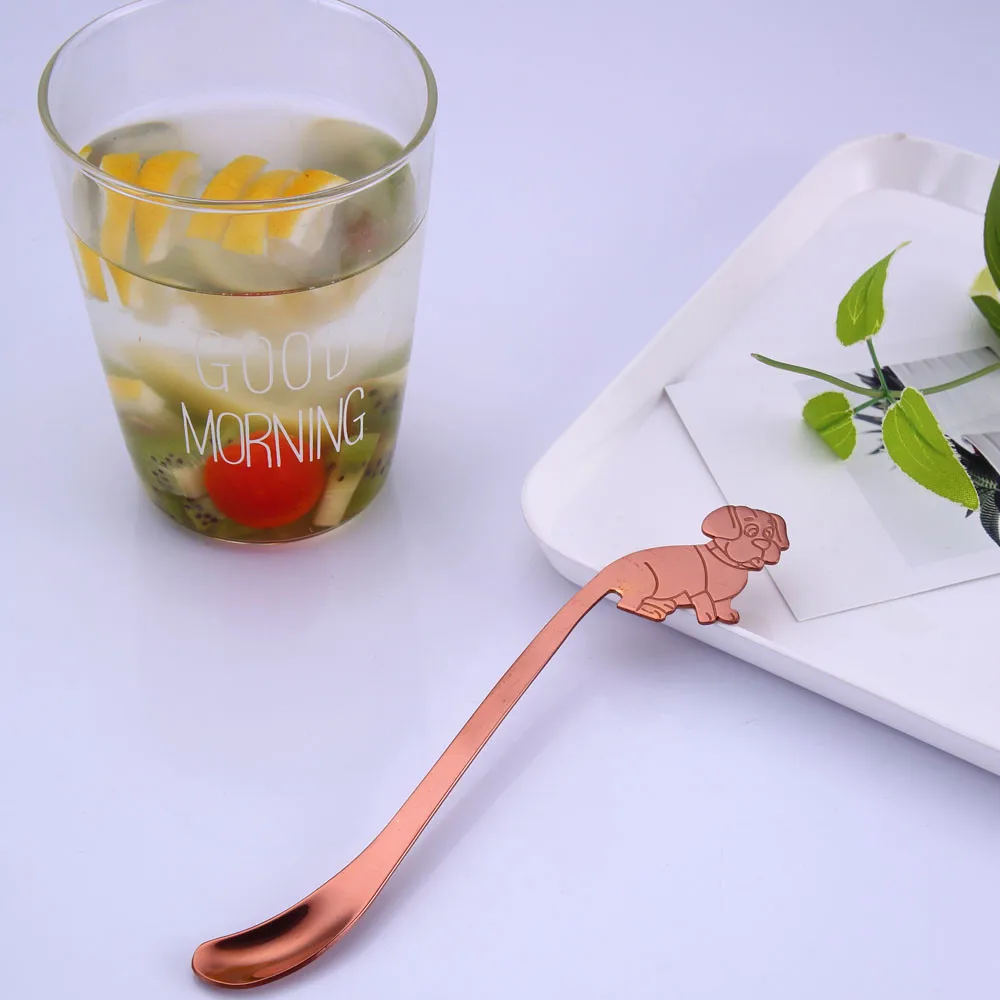 Rose Gold Нержавеющая сталь милая собака с длинной ручкой латте Льда Ложки для стекла льда кофе риса ложка творческие кухонные аксессуары - Цвет: Rose Gold