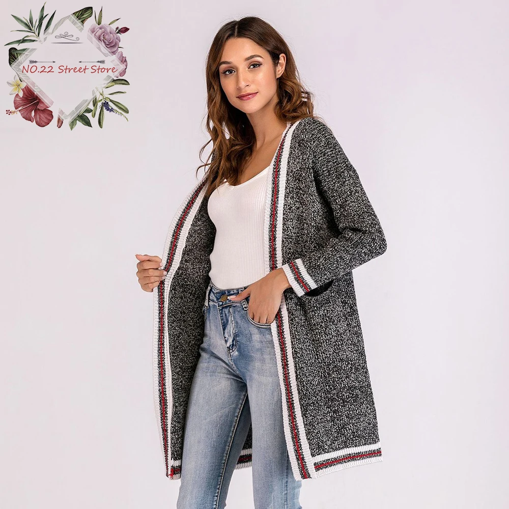 2018 Fashion Women Sweater Cardigans New Autumn Spring Long Coat Open Stitch O-Neck Pockets Kinitting Jacket |