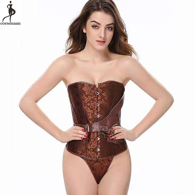 Brown Steampunk Corset Plus Size Outfit Overbust Gothic Korse Elastic Boned Retro Women Bustier Jacquard Floral Korset T-string
